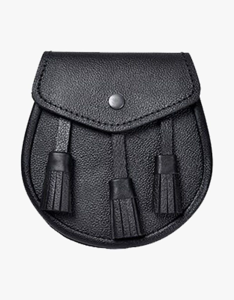 New Three Tassles black hand made real Leather braided Sporran & adjustable Belt 