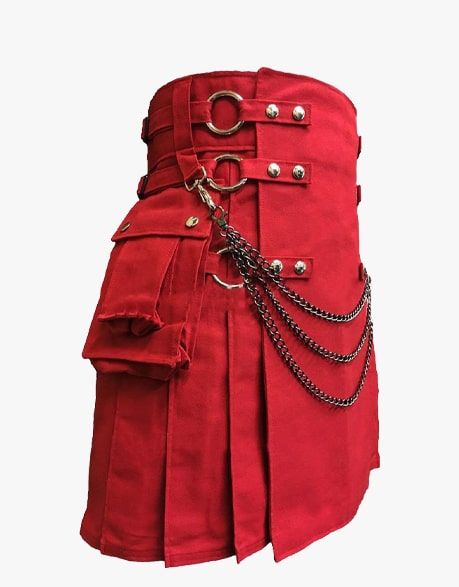 Red Gothic Utility Kilt with Chains - Red Canvas Kilt - TUK