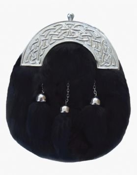 3 Tassels Black Rabbit Fur Sporran- Front Image