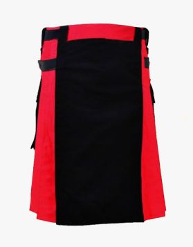 Black & Red Hybrid Kilt with Leather Straps- Front Image 