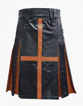 Black and Brown Leather Kilt with Cross Strap -Front Image