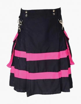 Black and Pink Two-Tone Utility Kilt with Detachable Pockets - Front Image 