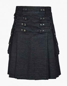 Black Denim Kilt with Detachable Apron- Front Image 