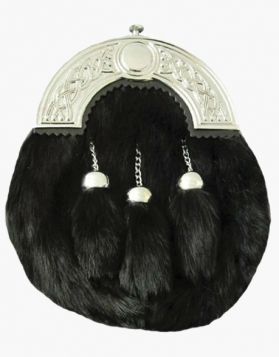 Black Full Dress Rabbit Fur Sporran - Front Image