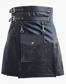 Black Leather Kilt with Detachable Front Pocket - Front Image