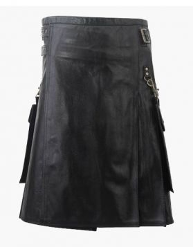 Black Leather Kilt with Detachable Pockets- Front Image