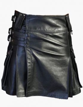 Black Leather Kilt with Fastening Straps - Front Image