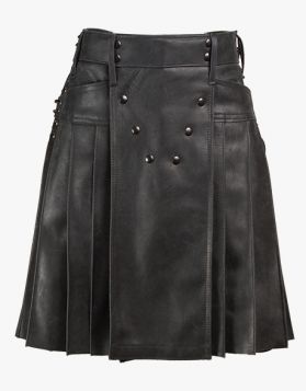 Black leather Utility Kilt In Laces Style- Front Image