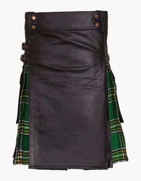 Black Leather with Irish Green Hybrid Kilt - Front Image 