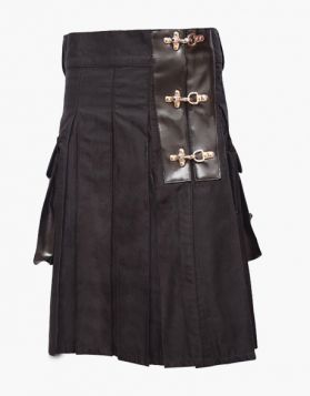 Black Pleated Utility Kilt with Leather Belt - Front Image