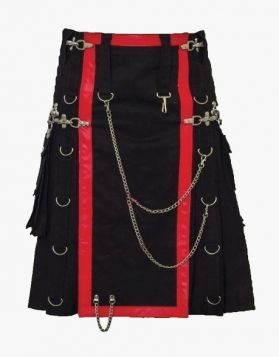 Black Stylish Utility Kilt with Decorated Apron- Front Image 