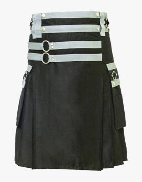 Black Stylish Utility Kilt With Grey Nylon Straps- Front Image 