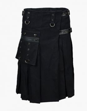 Black Utility Kilt with Leather Straps- Front Image