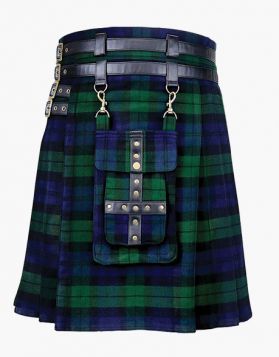 Black Watch Modern Tartan Utility Kilt with Leather Straps
