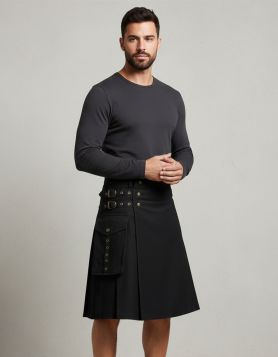 Black Utility Kilt with Buckle Straps - Front Image