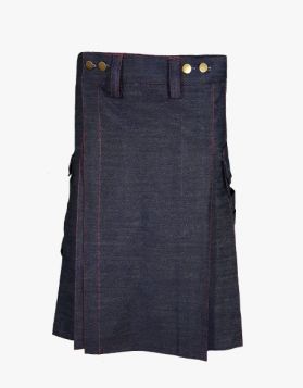 Blue Denim Kilt With Red Thread- Front Image 