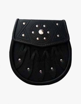 New Celtic Design Black Leather Sporran with S-Chain Kilt & Belt Bagpipe