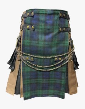 Brown & Black Gothic Hybrid Kilt with Black Watch Tartan Apron