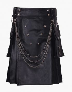Fashion Black Leather Kilt with Silver Chains -Front Image