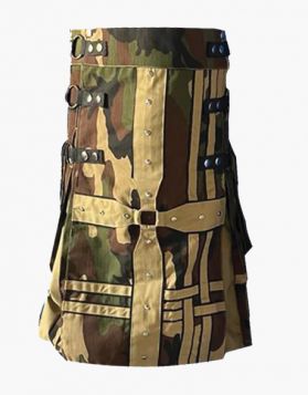 Gothic Woodland Camo and Khaki Hybrid Kilt - Front Image