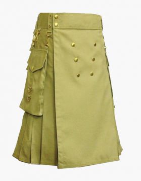 Khaki Utility Kilt With Gold ButtonKhaki Utility Kilt With Gold Button