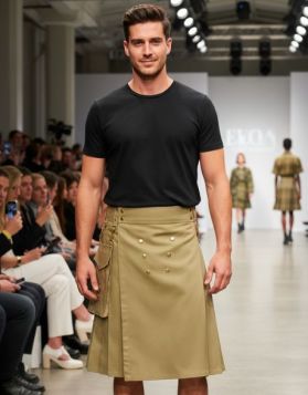 Khaki Utility Kilt With Gold ButtonKhaki Utility Kilt With Gold Button