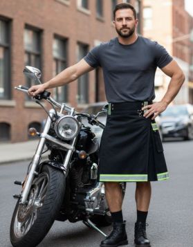 Men Black Firefighter kilt with New Design - Front Image 