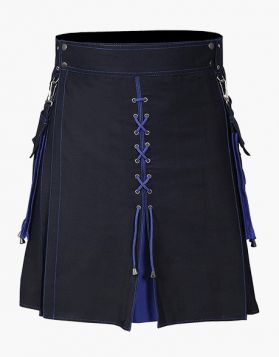 Men's Black And Blue Hybrid Kilt With Laces- Front Image 