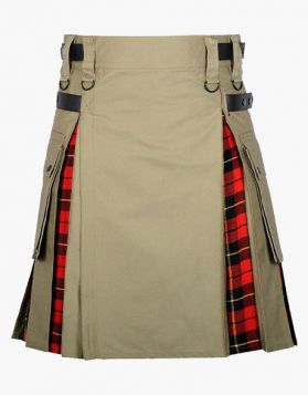Khaki And Wallace Tartan Hybrid Kilt- Front Image 