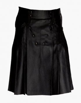 Mens Black Pleated Leather Kilt- Front Image