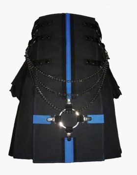 Modern Black Gothic Utility Kilt with Blue Straps - Front Image