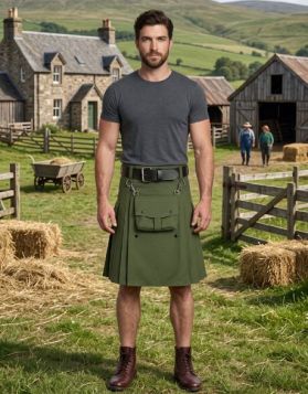 Olive Green Utility Kilt with Detachable Pocket