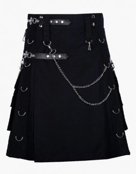 Pure Black Fashion Utility Kilt With Chains- Front Image 