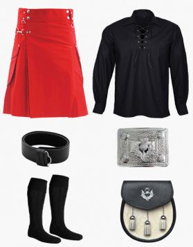Red Cargo Kilt with Black Shirt and Accessories Set