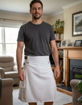 WHITE DELUXE UTILITY KILT WITH LEATHER STRAPS 