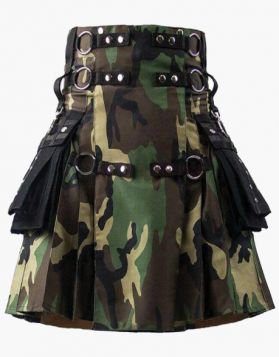 Woodland Camouflage Gothic Kilt with Black Pockets- Front Image