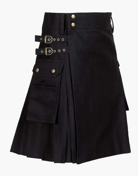 Black Utility Kilt with Flap pockets and Buckle Strap - TUK