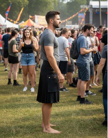 Black Utility Kilt with Flap pockets and Buckle Strap - TUK